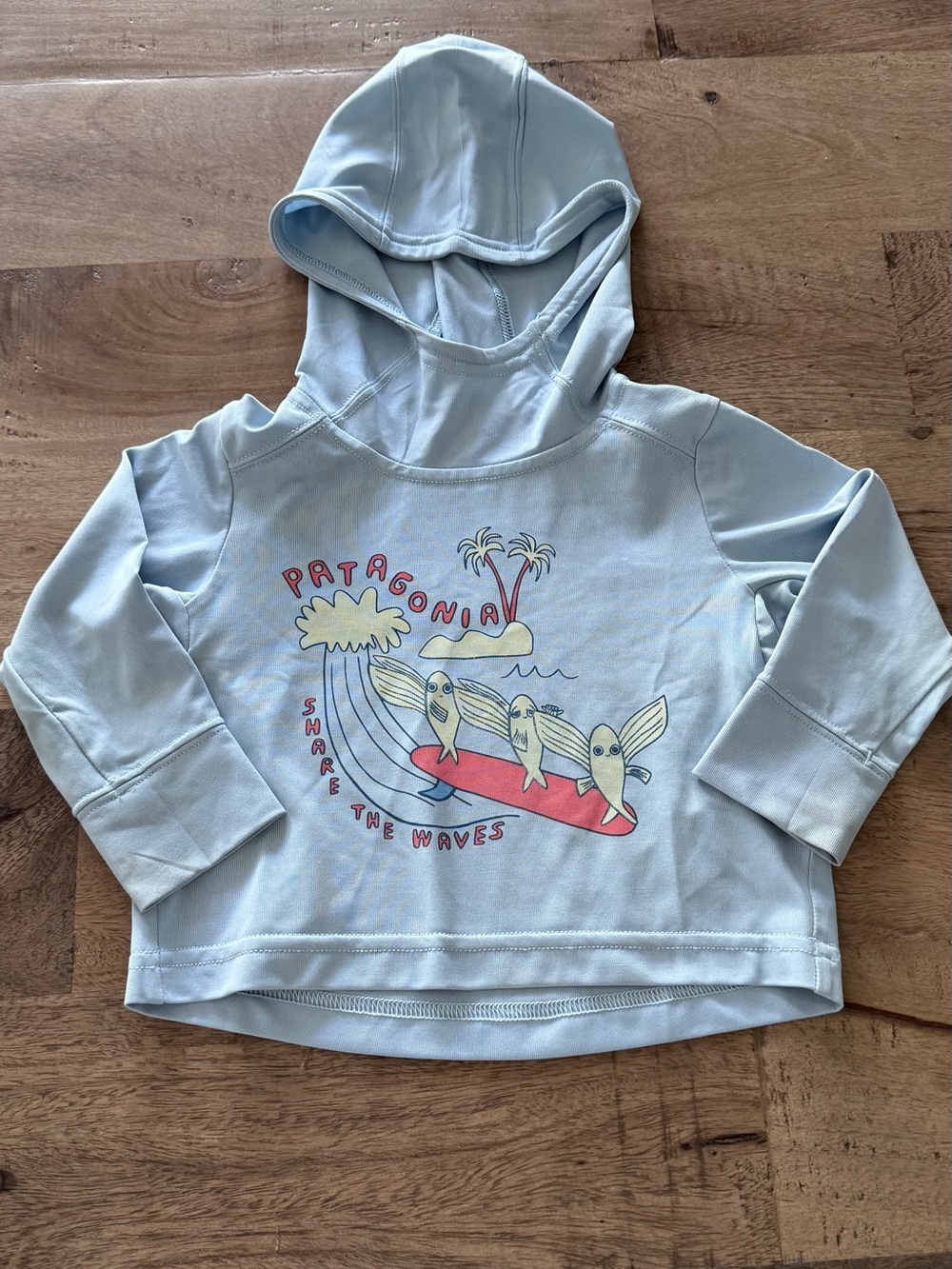 Patagonia Kids Baby Capilene Silkweight Hoodie Light Blue Surf Graphic 6-12 m